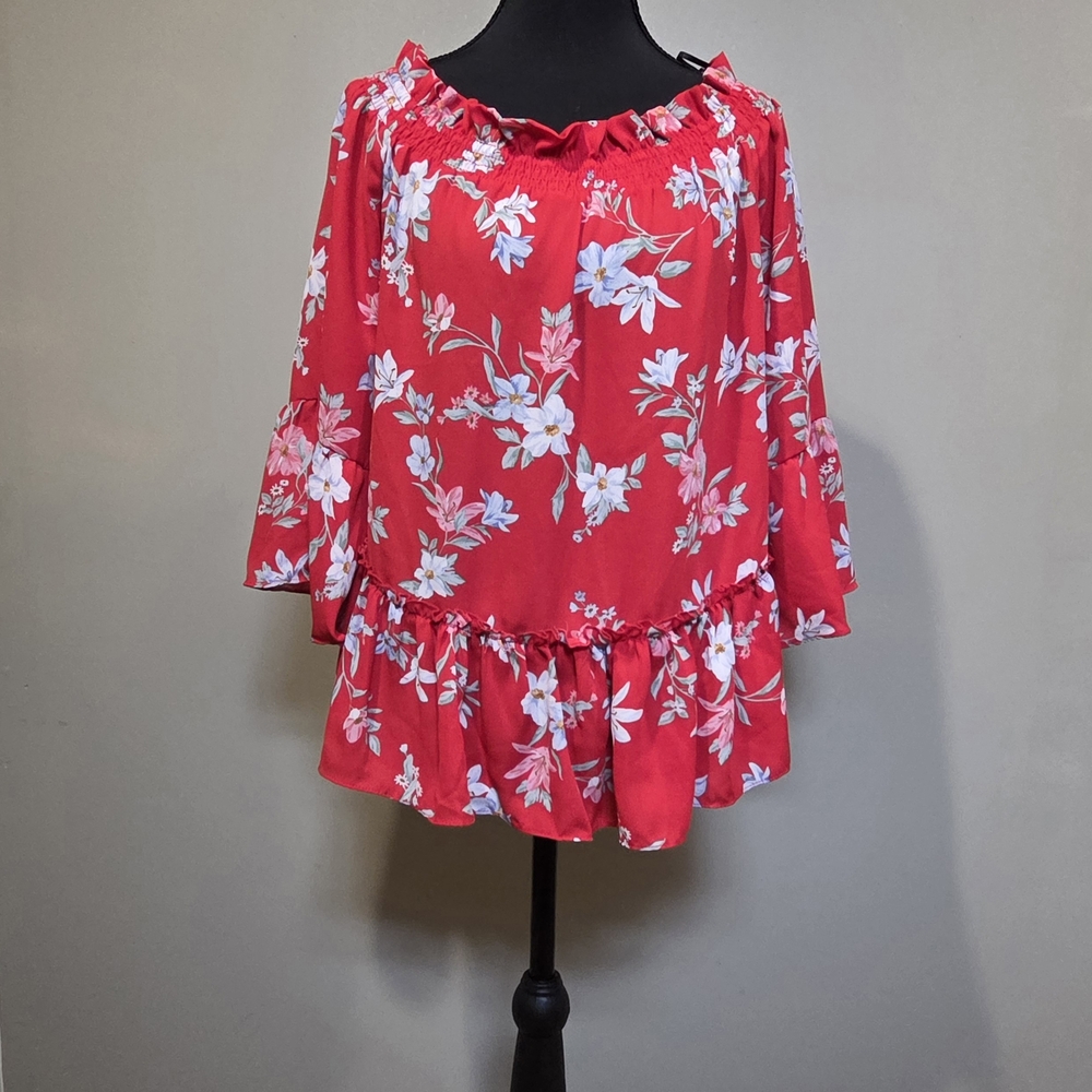 Divided Red Floral Off-Shoulder Ruffle Tunic